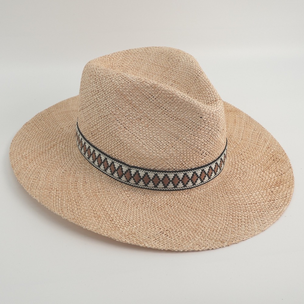Bruno Magli Raffia Straw Fedora Hat Beige Brown Tribal Band Small Medium NEW